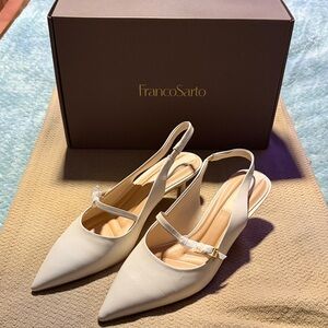 Franco Sarto White Pointed Slingback Heels with Thin Strap
